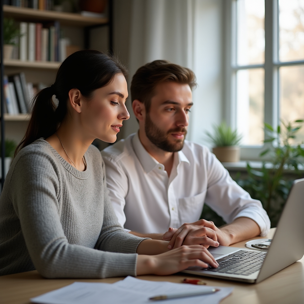 Cuplu participând la un webinar online despre finanțe